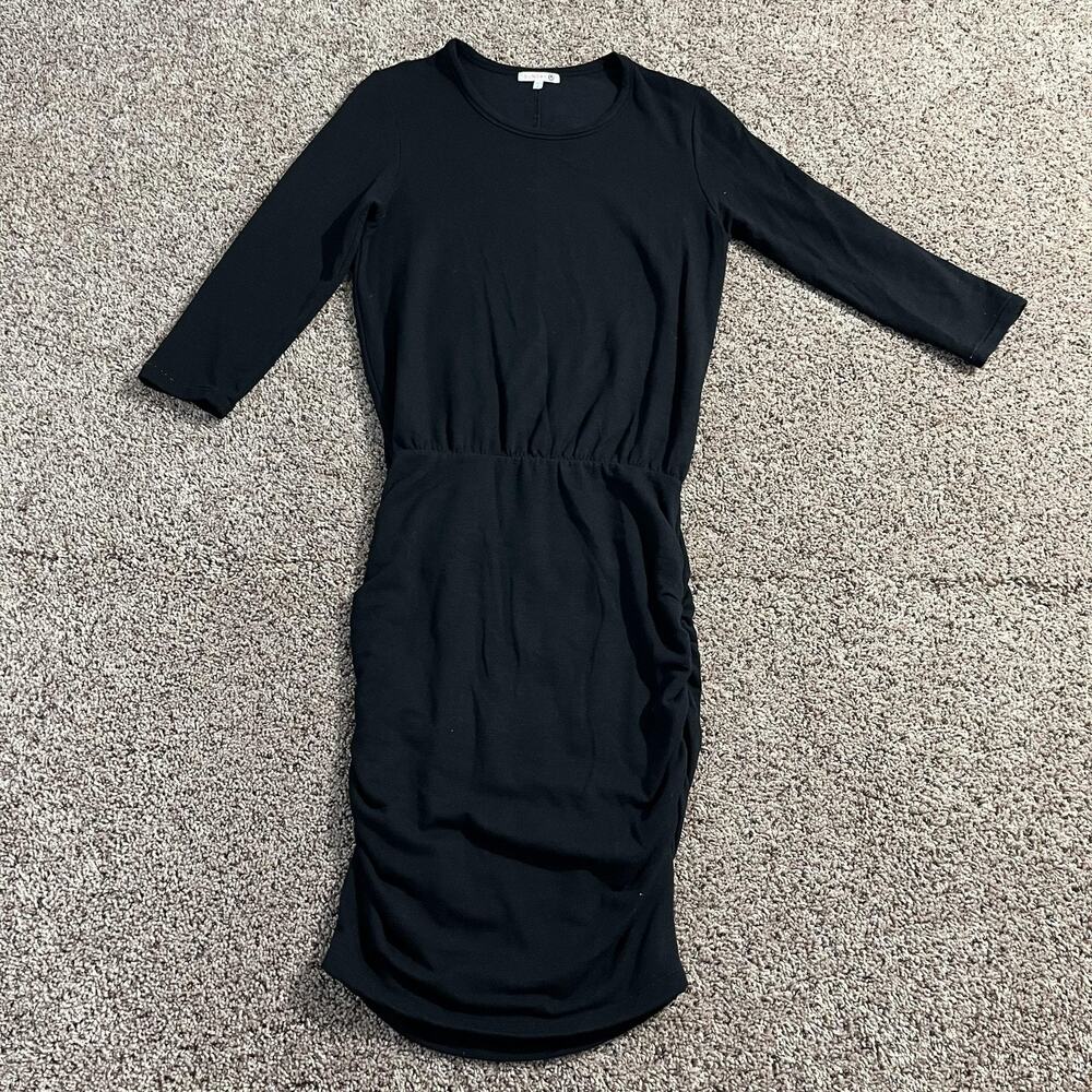 Sundry Dress Womens Medium Black 3/4 Sleeve Side Ruched Made in USA Stretch